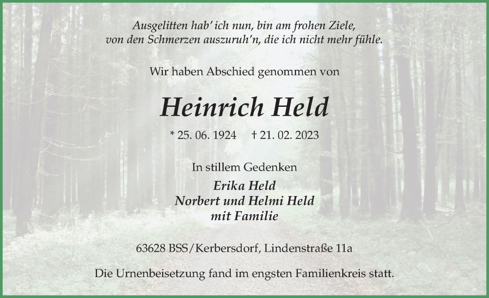  Traueranzeige für Heinrich Held vom 09.03.2023 aus FZ