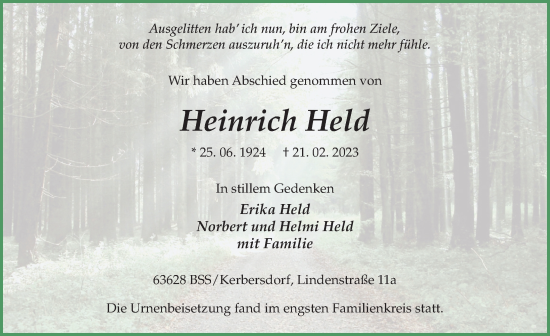 Traueranzeige von Heinrich Held von FZ