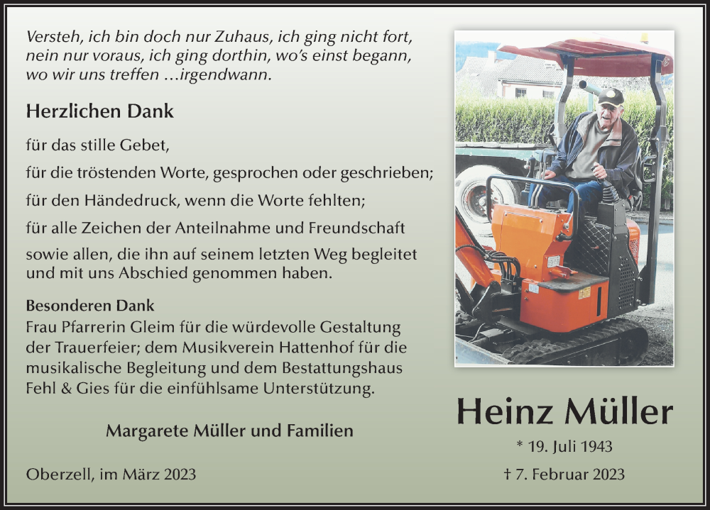  Traueranzeige für Heinz Müller vom 16.03.2023 aus FZ