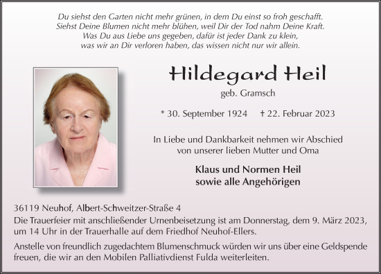 Traueranzeige von Hildegard Heil von FZ