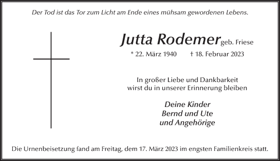Traueranzeige von Jutta Rodemer von FZ