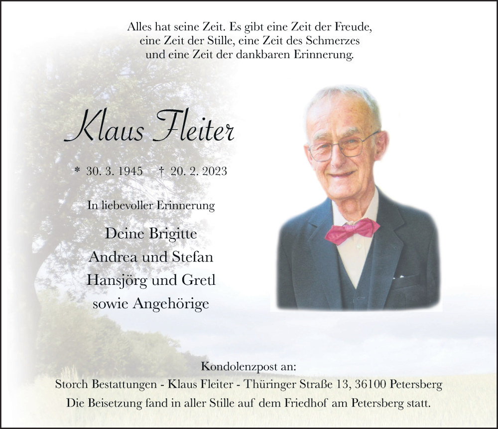  Traueranzeige für Klaus Fleiter vom 11.03.2023 aus FZ