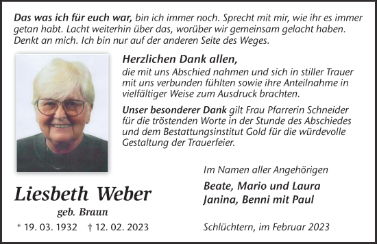 Traueranzeige von Liesbeth Weber von FZ