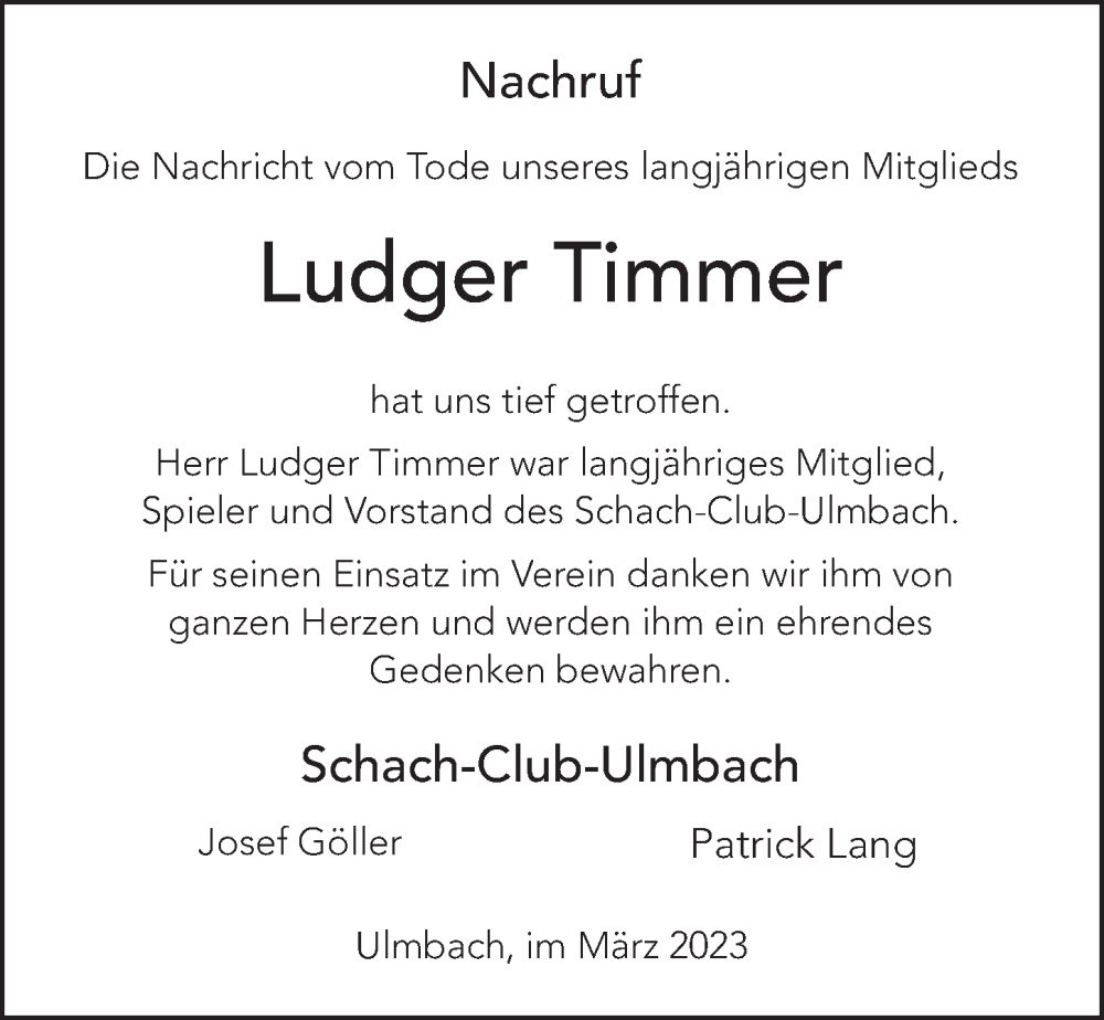  Traueranzeige für Ludger Timmer vom 09.03.2023 aus FZ
