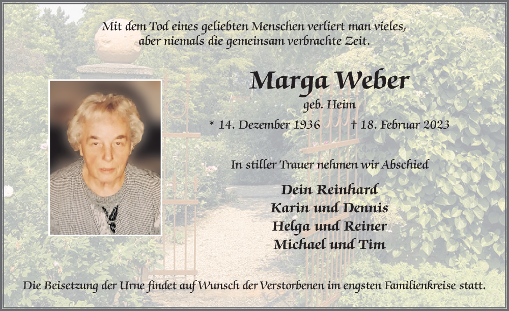  Traueranzeige für Marga Weber vom 02.03.2023 aus FZ