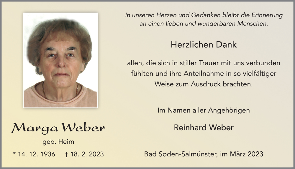  Traueranzeige für Marga Weber vom 23.03.2023 aus FZ