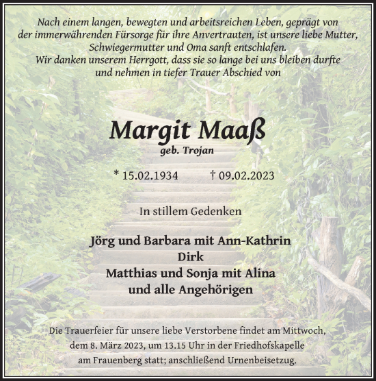 Traueranzeige von Margit Maaß von FZ