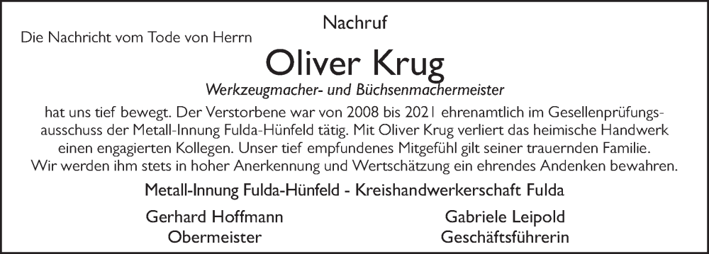  Traueranzeige für Oliver Krug vom 10.03.2023 aus FZ
