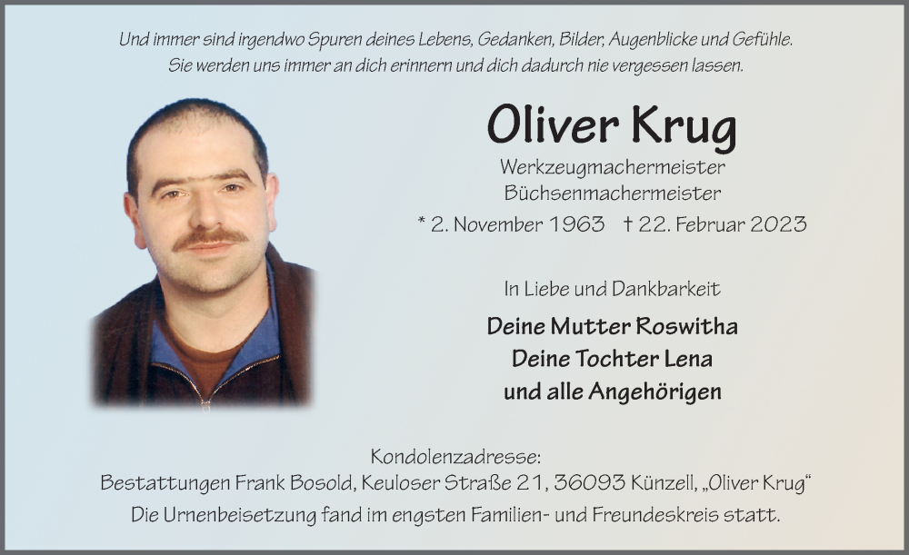  Traueranzeige für Oliver Krug vom 08.03.2023 aus FZ