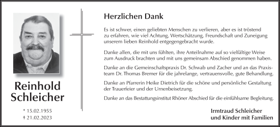 Traueranzeige von Reinhold Schleicher von FZ