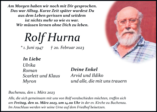 Traueranzeige von Rolf Hurna von FZ