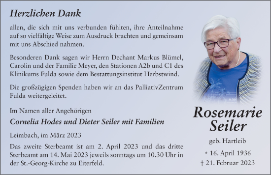 Traueranzeige von Rosemarie Seiler von FZ