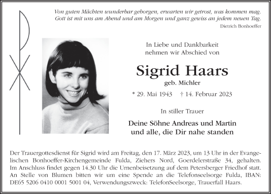 Traueranzeige von Sigrid Haars von FZ