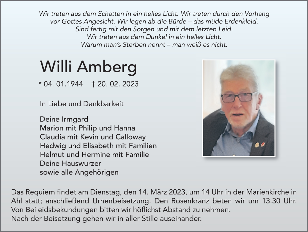  Traueranzeige für Willi Amberg vom 02.03.2023 aus FZ