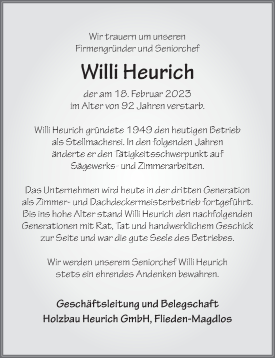 Traueranzeige von Willi Heurich von FZ