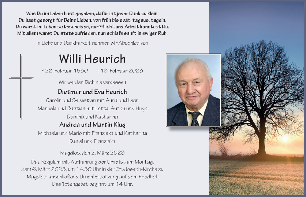  Traueranzeige für Willi Heurich vom 02.03.2023 aus FZ