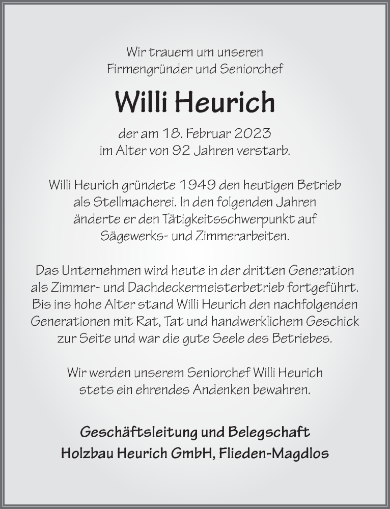  Traueranzeige für Willi Heurich vom 02.03.2023 aus FZ