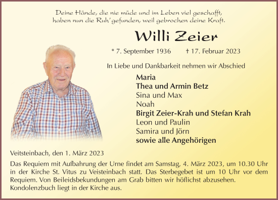 Traueranzeige von Willi Zeier von FZ