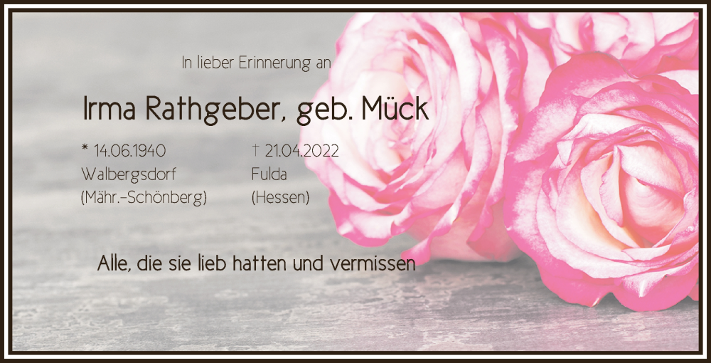  Traueranzeige für Irma Rathgeber vom 21.04.2023 aus FZ