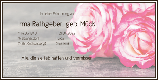 Traueranzeige von Irma Rathgeber von FZ