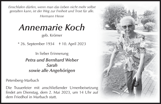Traueranzeige von Annemarie Koch von FZ
