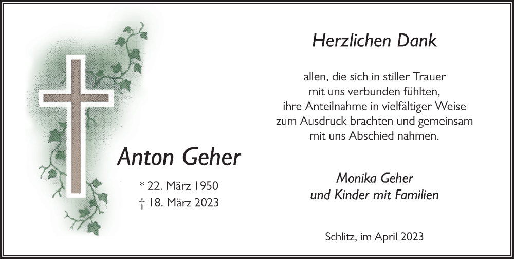  Traueranzeige für Anton Geher vom 29.04.2023 aus FZ