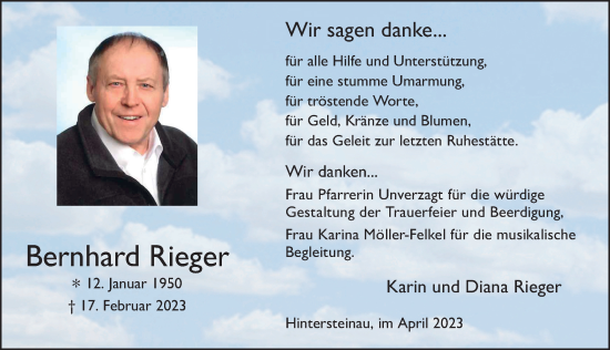 Traueranzeige von Bernhard Rieger von FZ