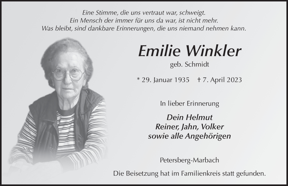  Traueranzeige für Emilie Winkler vom 29.04.2023 aus FZ