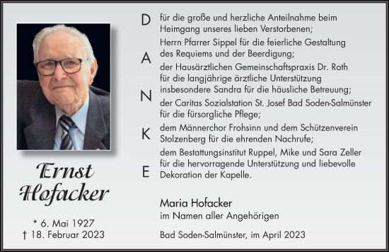 Traueranzeige von Ernst Hofacker von FZ