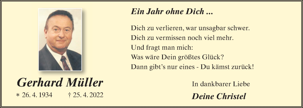  Traueranzeige für Gerhard Müller vom 25.04.2023 aus FZ