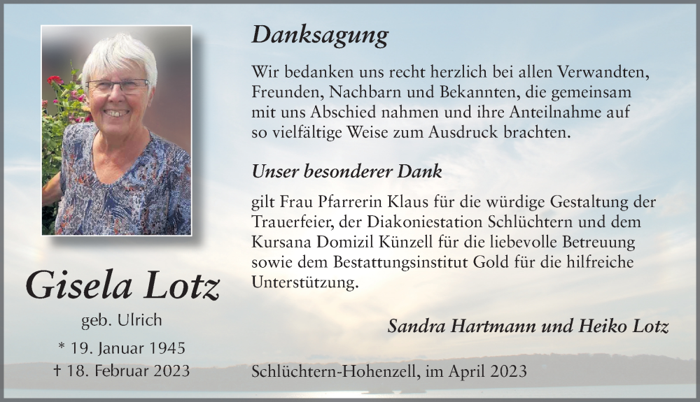  Traueranzeige für Gisela Lotz vom 08.04.2023 aus FZ