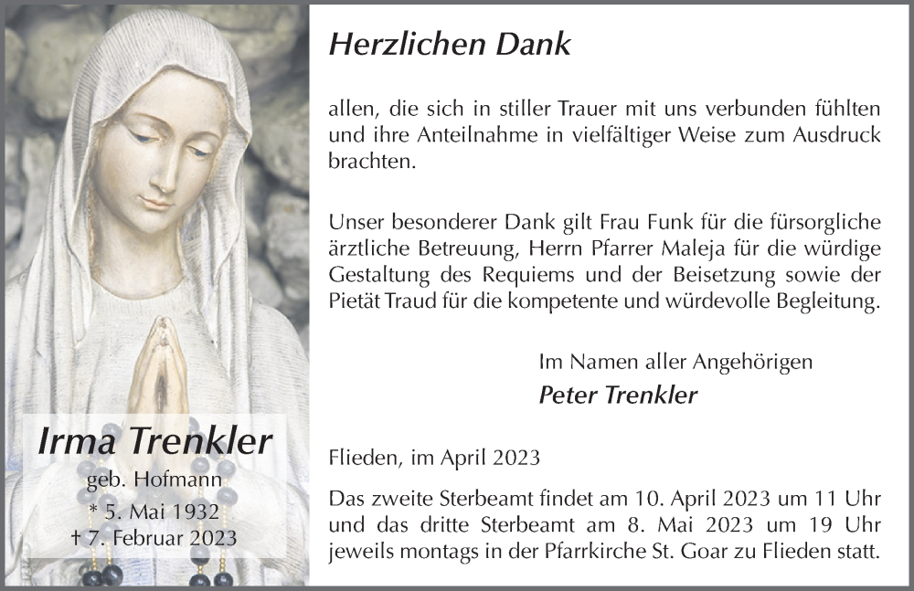  Traueranzeige für Irma Trenkler vom 08.04.2023 aus FZ