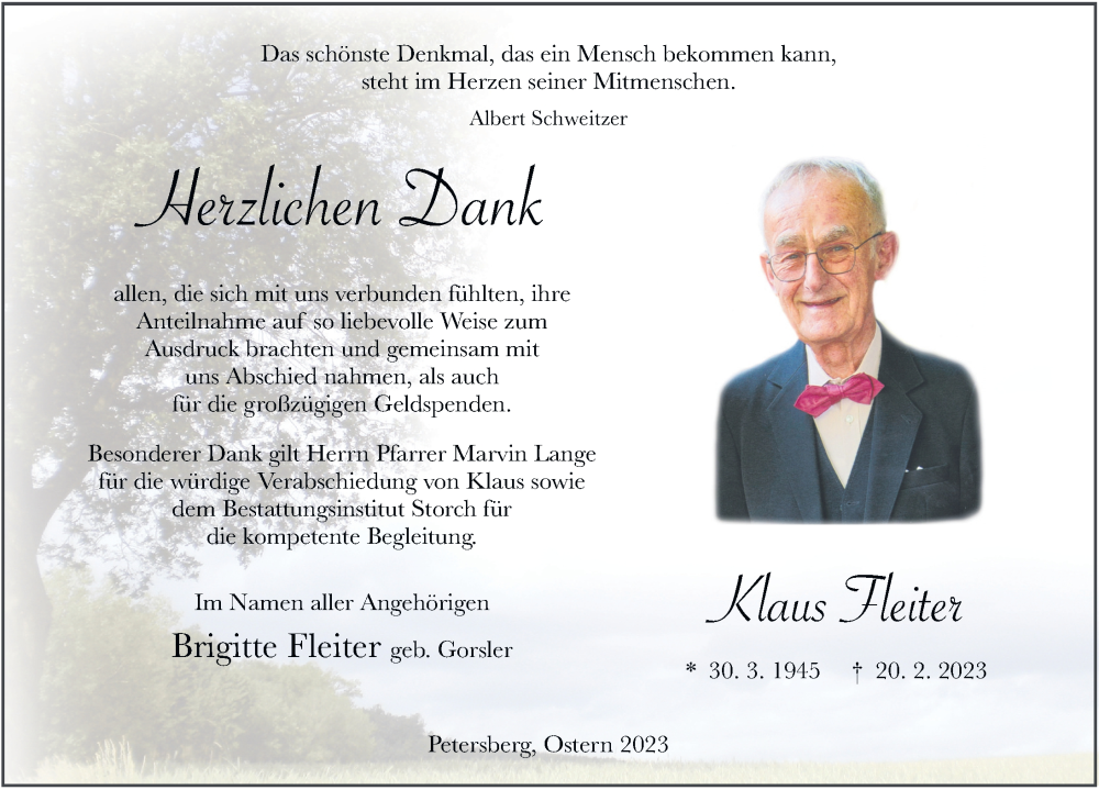  Traueranzeige für Klaus Fleiter vom 08.04.2023 aus FZ