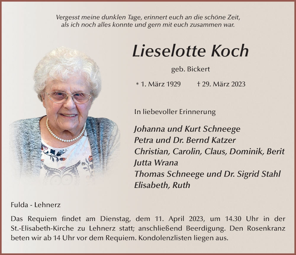  Traueranzeige für Lieselotte Koch vom 08.04.2023 aus FZ