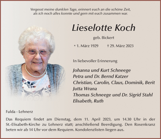 Traueranzeige von Lieselotte Koch von FZ