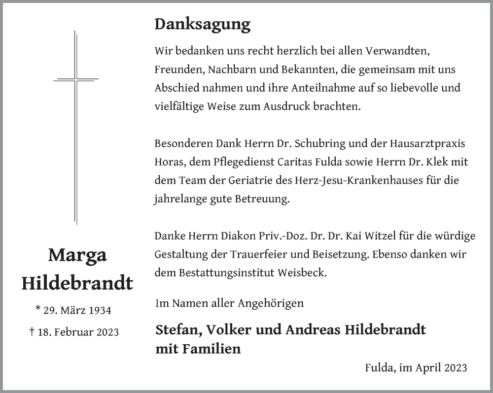  Traueranzeige für Marga Hildebrandt vom 13.04.2023 aus FZ