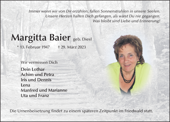 Traueranzeige von Margitta Baier von FZ