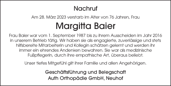 Traueranzeige von Margitta Baier von FZ
