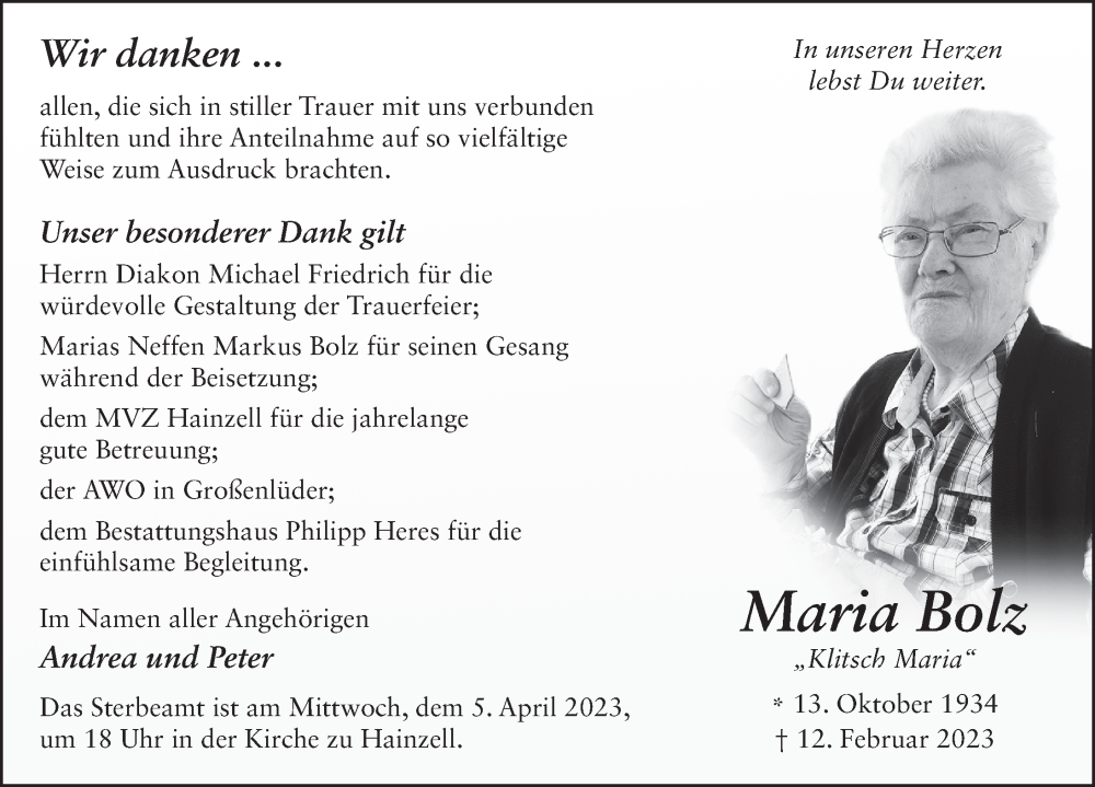  Traueranzeige für Maria Bolz vom 01.04.2023 aus FZ
