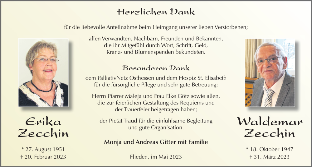  Traueranzeige für Erika Zecchin vom 13.05.2023 aus FZ
