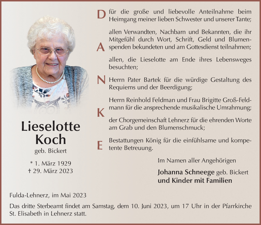  Traueranzeige für Lieselotte Koch vom 27.05.2023 aus FZ