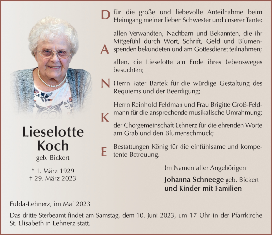 Traueranzeige von Lieselotte Koch von FZ