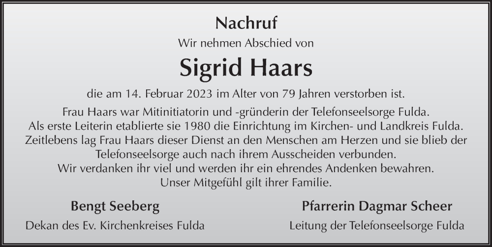  Traueranzeige für Sigrid Haars vom 05.05.2023 aus FZ