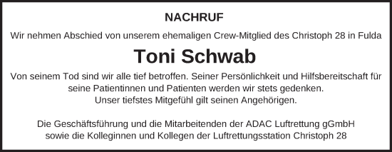 Traueranzeige von Toni Schwab von FZ