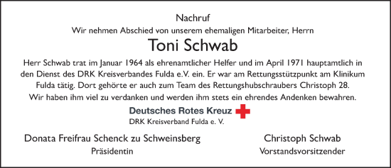 Traueranzeige von Toni Schwab von FZ