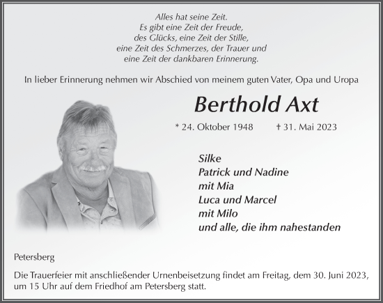 Traueranzeige von Berthold Axt von FZ