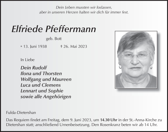 Traueranzeige von Elfriede Pfeffermann von FZ