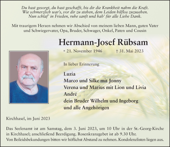 Traueranzeige von Hermann Josef Rübsam von FZ