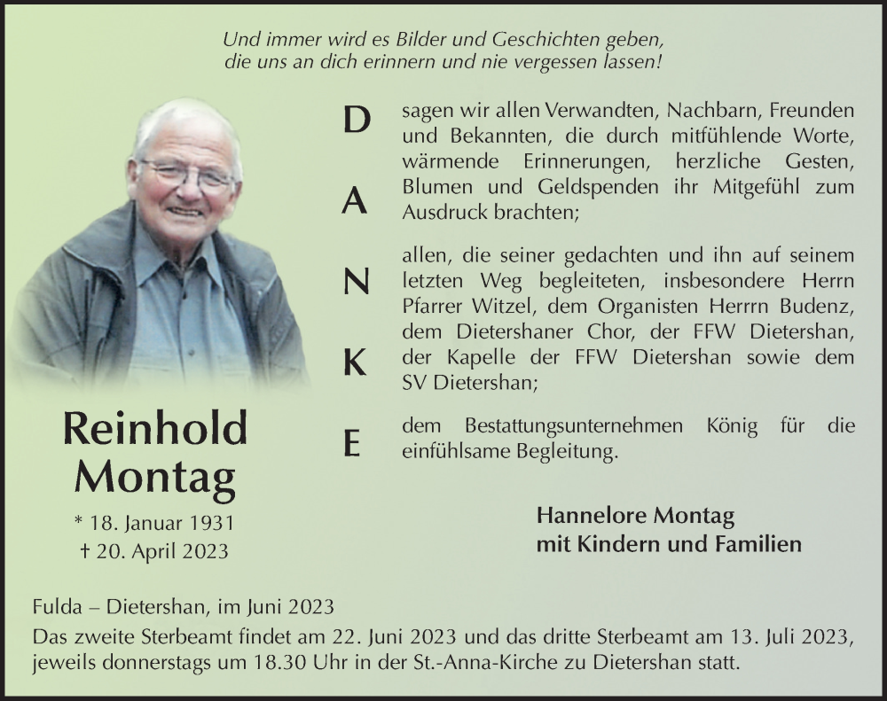  Traueranzeige für Reinhold Montag vom 17.06.2023 aus FZ