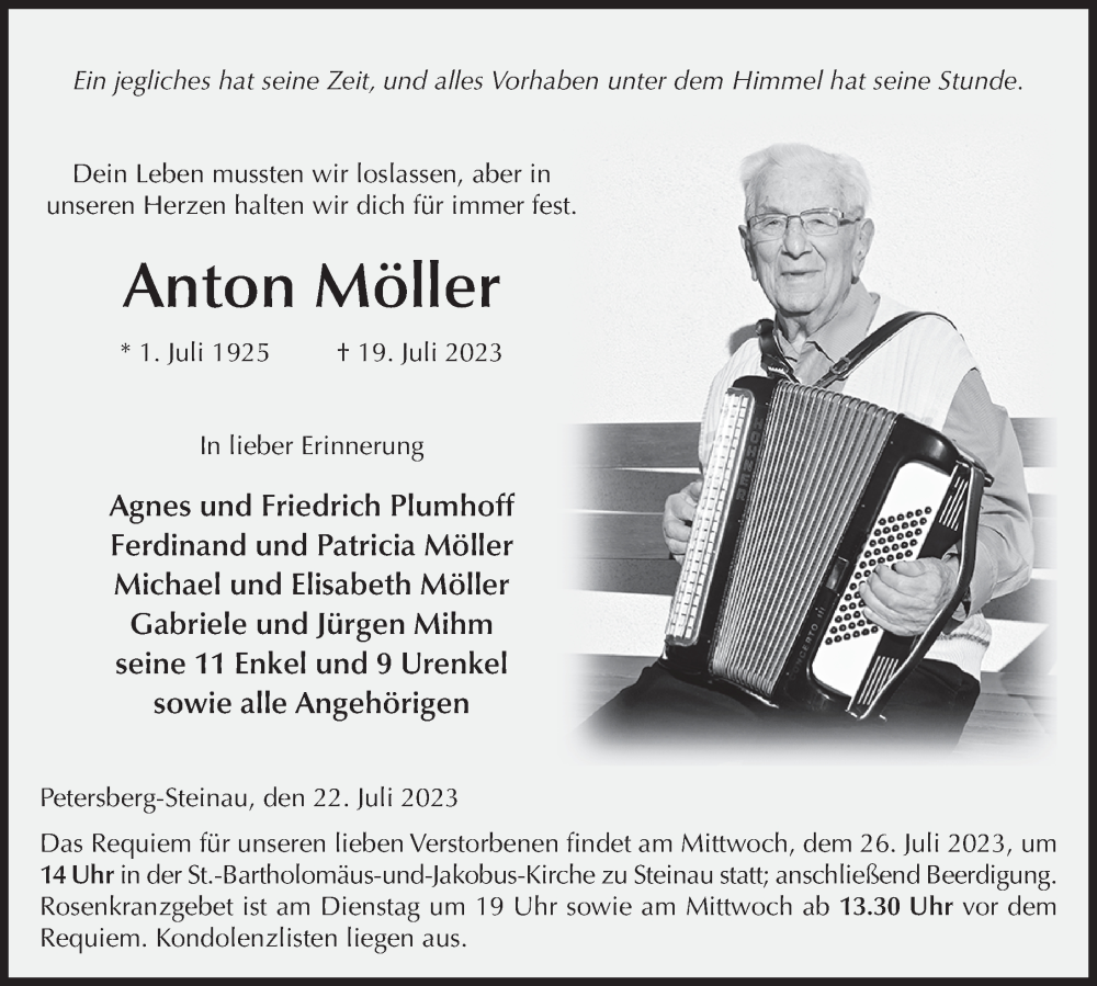  Traueranzeige für Anton Möller vom 22.07.2023 aus FZ
